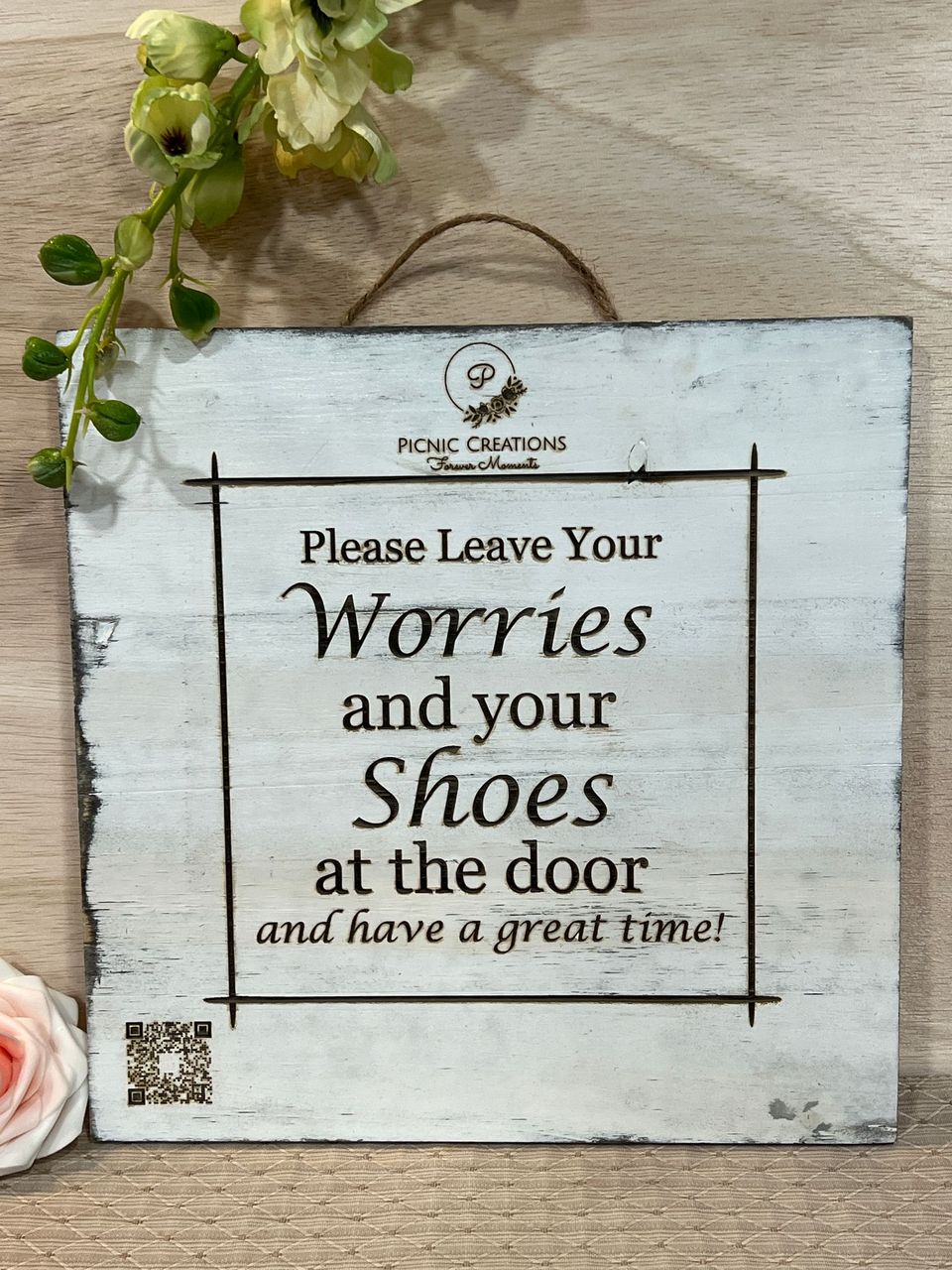 Personalized "Shoes Off" Wooden Sign with Logo and QR code