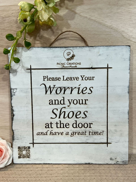 Personalized "Shoes Off" Wooden Sign with Logo and QR code